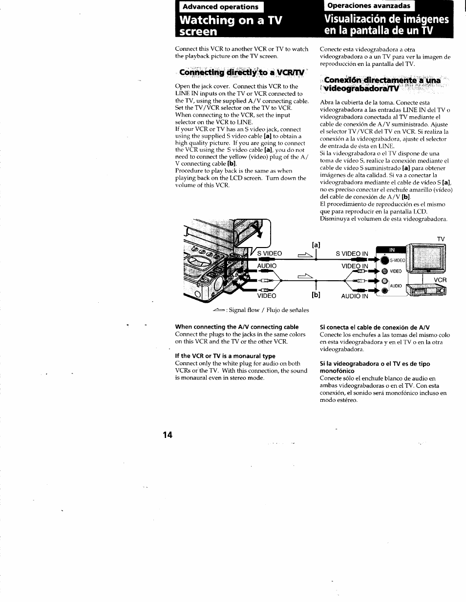 I advanced operations, Watching on a tv screen, Connecting directly to a vcr/tv | Operaciones avanzadas, Visualización de imágenes en la pantalla de un tv, Conexión directamente a una f videograbadoranv, Video, When connecting the a/v connecting cabie, If the vcr or tv is a monaural type, Si conecta el cable de conexión de a/v | Sony GV-A500 User Manual | Page 14 / 52