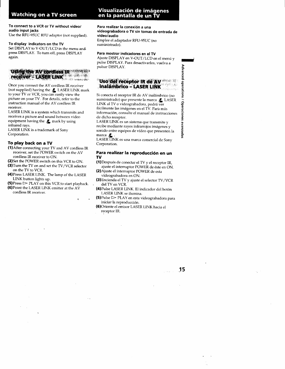 Watching on a tv screen, Visualización de imágenes en la pantalla de un tv, To display indicators on the tv | Usirig the av cordlesstr receiver - laser link, To play back on a tv, Para mostrar indicadores en el tv, Uso dèi receptor ir dé av inalámbrico - laser link, Para realizar la reproducción en un tv, Usirig the av cordlesstr receiver | Sony GV-A500 User Manual | Page 15 / 52