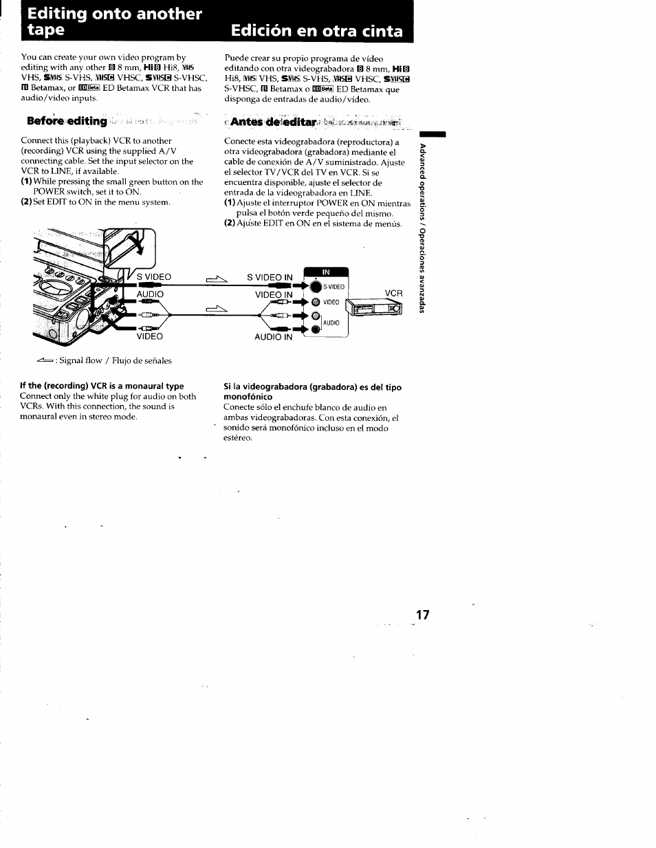 Editing onto another tape, Before:«diting, Ant«s^¿ditar | If the (recording) vcr is a monaural type, Editing onto another tape edición en otra cinta | Sony GV-A500 User Manual | Page 17 / 52