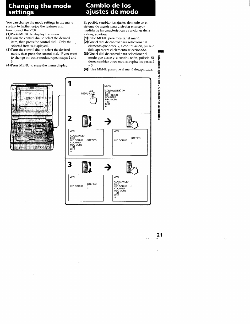 Changing the mode settings | Sony GV-A500 User Manual | Page 21 / 52