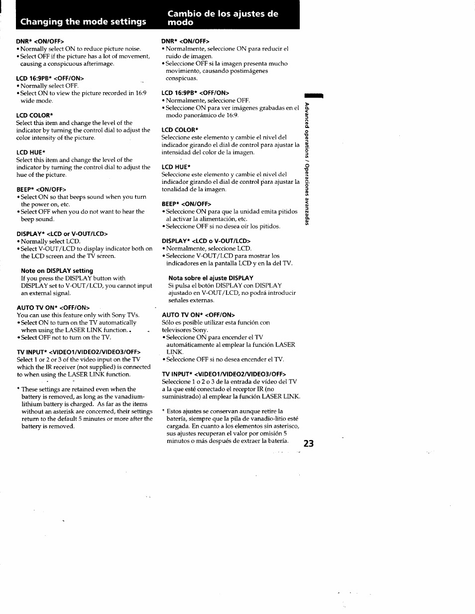 Changing the mode settings, Cambio de los ajustes de modo, Dnr* <on/off | Lcd 16:9pb* <off/on, Lcd color, Lcd hue, Beep* <on/off, Display* <lcd or v-out/lcd, Note on display setting, Auto tv on* <off/on | Sony GV-A500 User Manual | Page 23 / 52