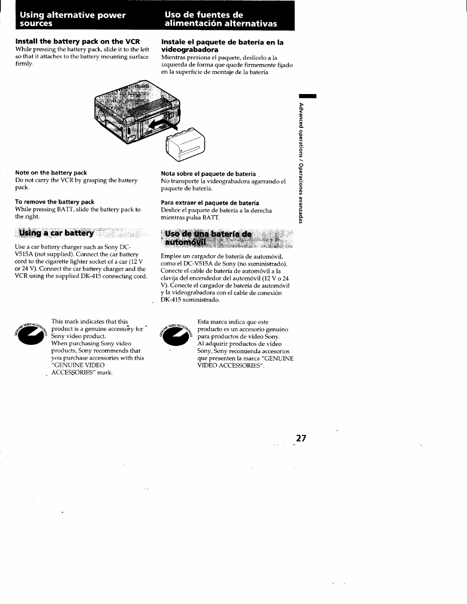 Install the battery pack on the vcr, Note on the battery pack, To remove the battery pack | Using a car battery, Instale el paquete de batería en la videograbadora, Nota sobre el paquete de batería, Para extraer el paquete de batería, Uso de una batería de automóvil | Sony GV-A500 User Manual | Page 27 / 52