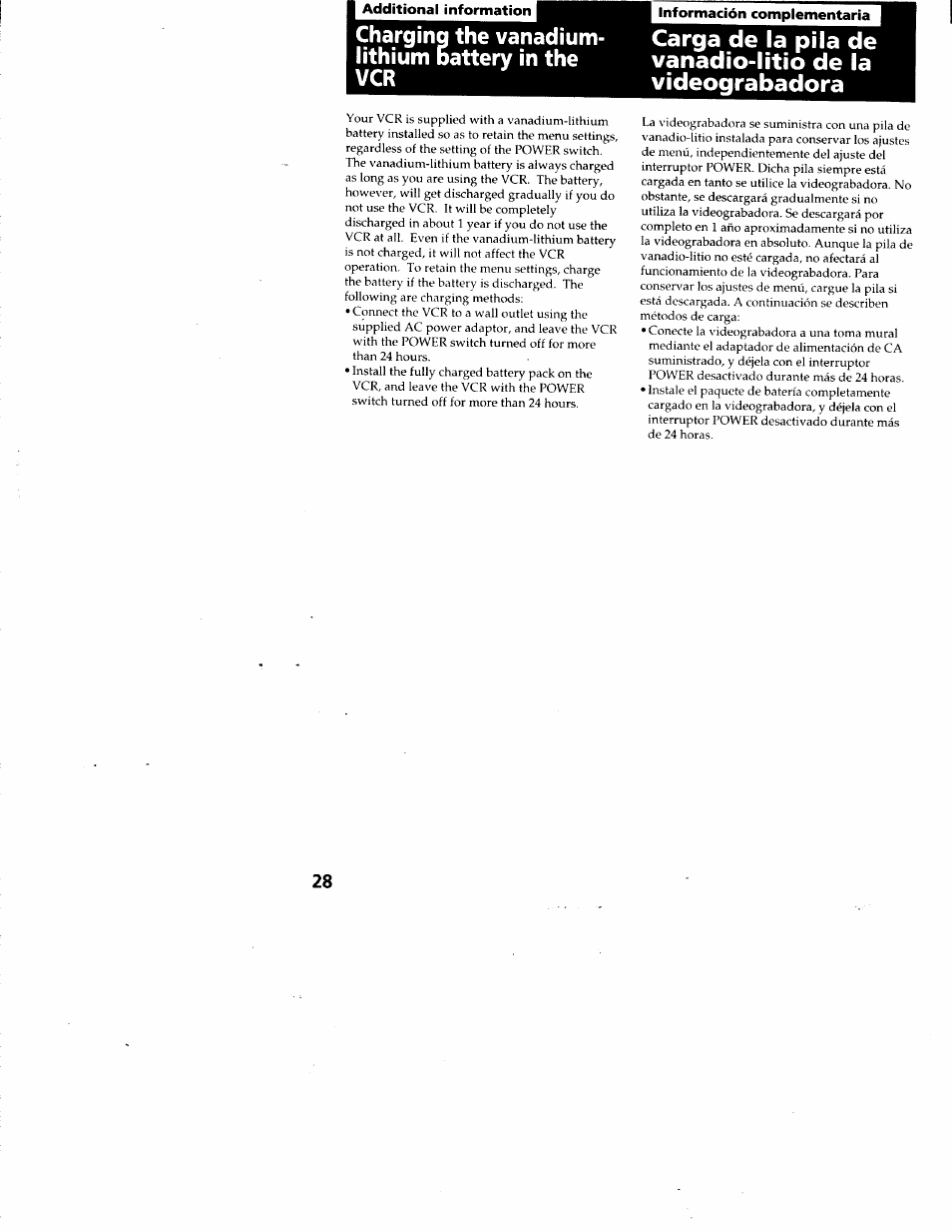 I additional information, Información complementaria, Charging the vanadium- lithium battery in the vcr | Sony GV-A500 User Manual | Page 28 / 52