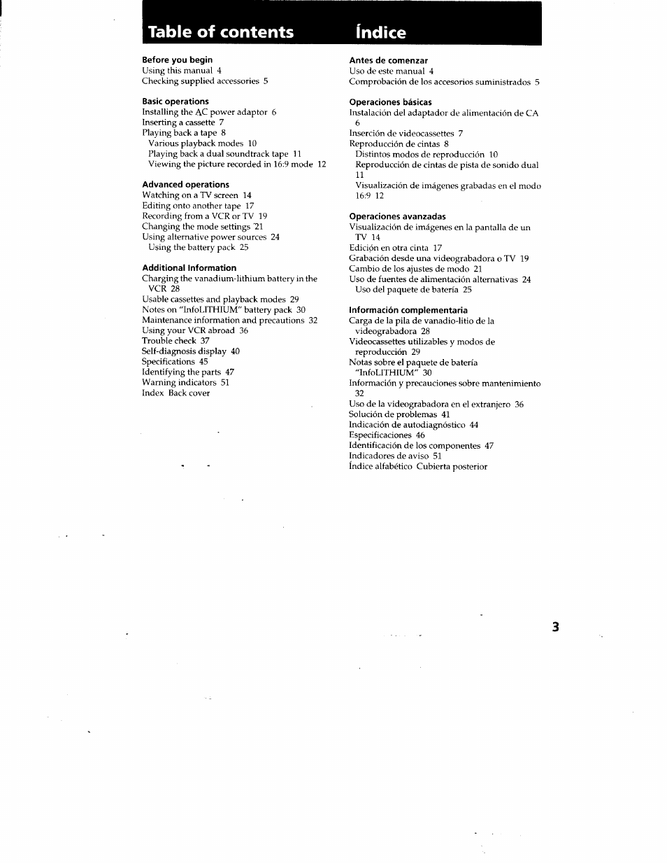 Before you begin, Basic operations, Advanced operations | Additional information, Antes de comenzar, Operaciones básicas, Operaciones avanzadas, Información complementaria, Table of contents índice | Sony GV-A500 User Manual | Page 3 / 52