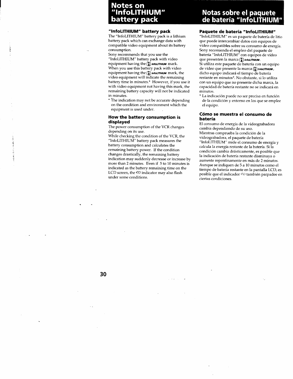Infolithium" battery pack, How the battery consumption is displayed, Notas sobre el paquete de batería "infolithium | Paquete de batería "infolithlum, Cómo se muestra el consumo de batería | Sony GV-A500 User Manual | Page 30 / 52