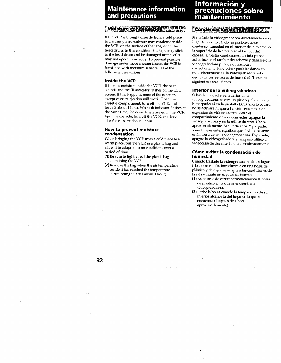 Inside the vcr, How to prevent moisture condensation, Interior de la videograbadora | Cómo evitar la condensación de humedad | Sony GV-A500 User Manual | Page 32 / 52