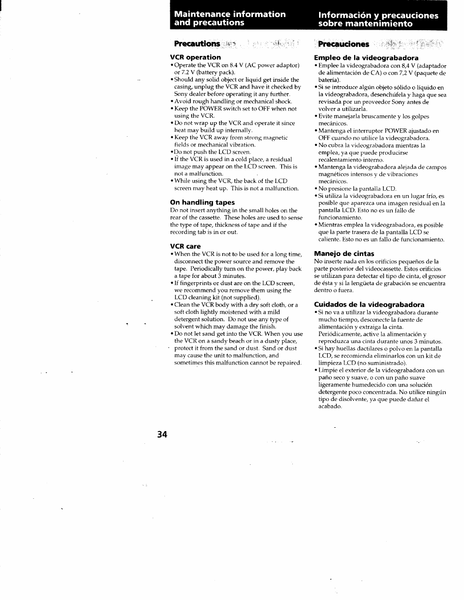 Precautions, Vcr operation, On handling tapes | Vcr care, Precauciones, Empleo de la videograbadora, Manejo de cintas, Cuidados de la videograbadora | Sony GV-A500 User Manual | Page 34 / 52