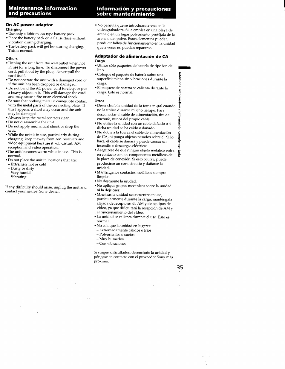 On ac power adaptor, Charging, Others | Adaptador de alimentación de ca, Carga, Otros | Sony GV-A500 User Manual | Page 35 / 52