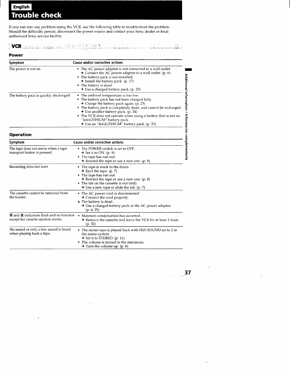 Trouble check | Sony GV-A500 User Manual | Page 37 / 52