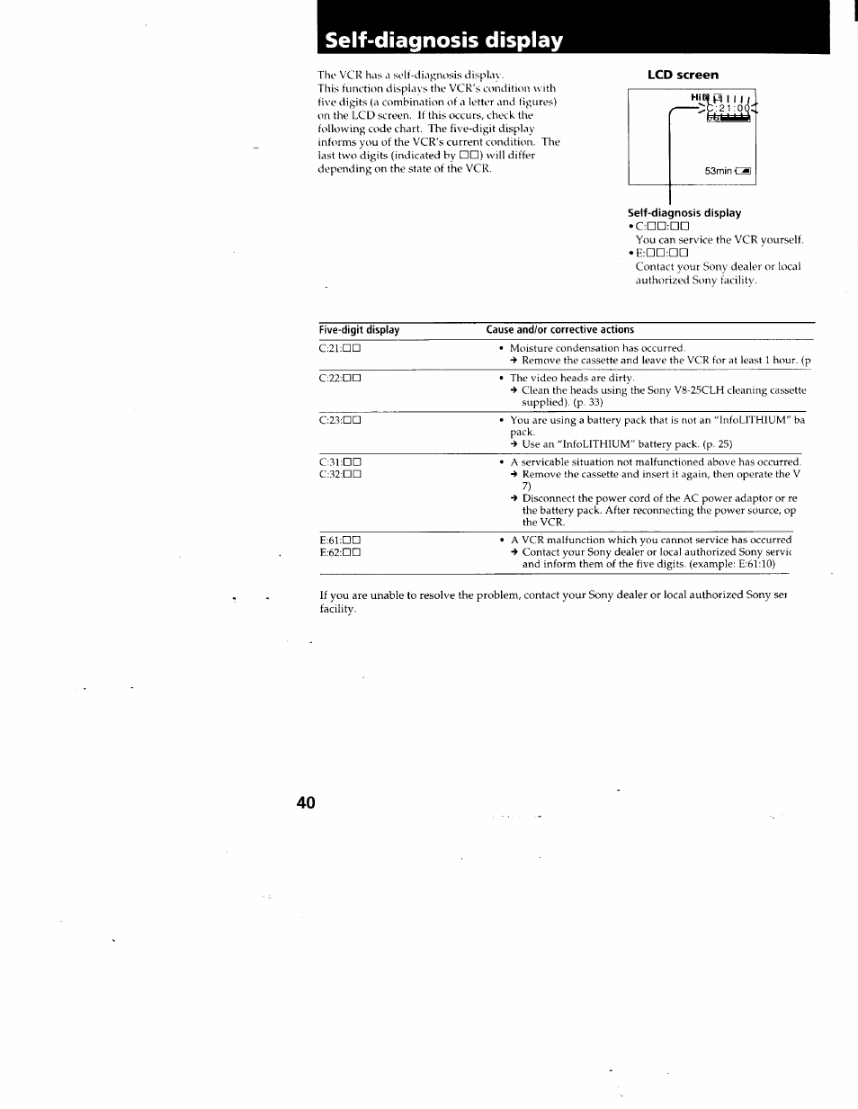 Self-diagnosis display, Lcd screen | Sony GV-A500 User Manual | Page 40 / 52