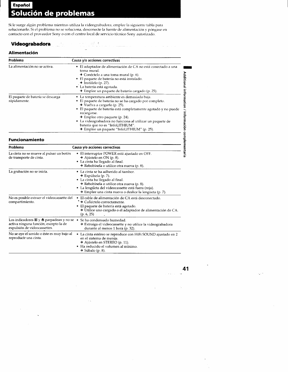 Solución de problemas, Videograbadora, Alimentación | Causa y/o acciones correctivas | Sony GV-A500 User Manual | Page 41 / 52