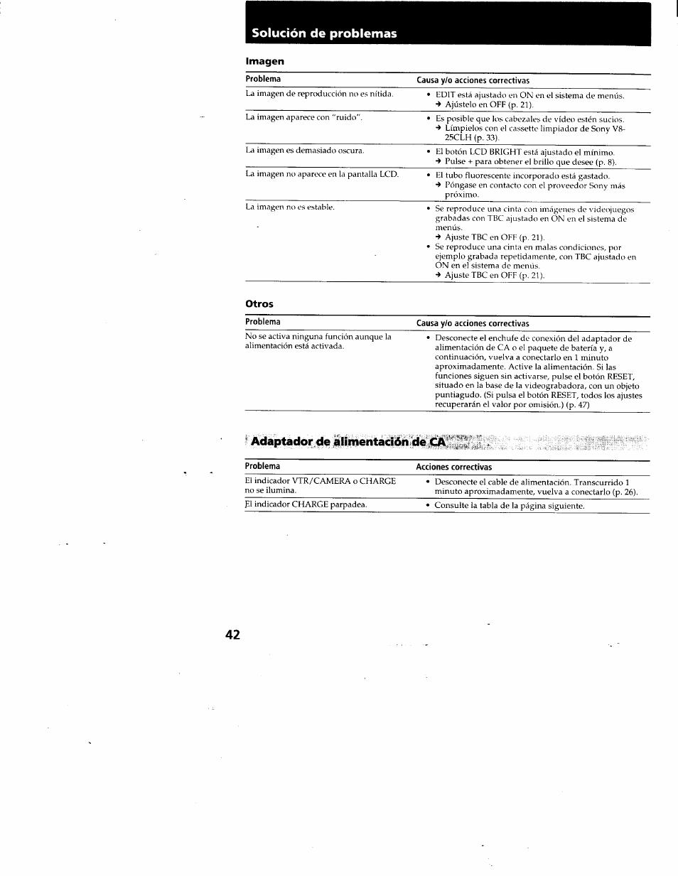 Solución de problemas i, T adaptador de alimentación de ca | Sony GV-A500 User Manual | Page 42 / 52