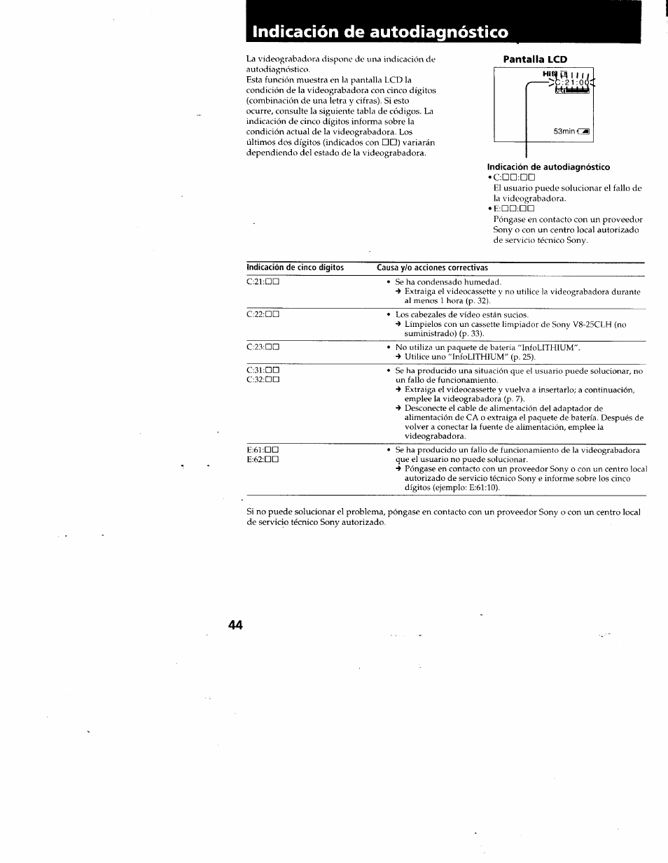 Indicación de autodiagnóstico | Sony GV-A500 User Manual | Page 44 / 52