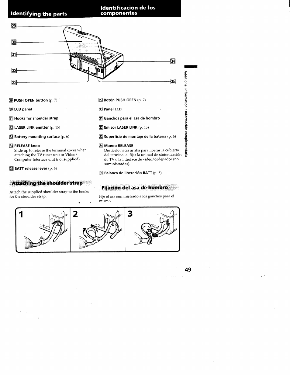 Ц push open button (p. 7) m lcd panel, H battery mounting surface (p. 6), Ш release knob | Ш ватт release lever (p. 6), Attaching the shoulder strap, M botón push open (p. 7), S panel lcd, Ш mando release, Palanca de liberación ватт (p. 6), Fijación del asa de hombro | Sony GV-A500 User Manual | Page 49 / 52