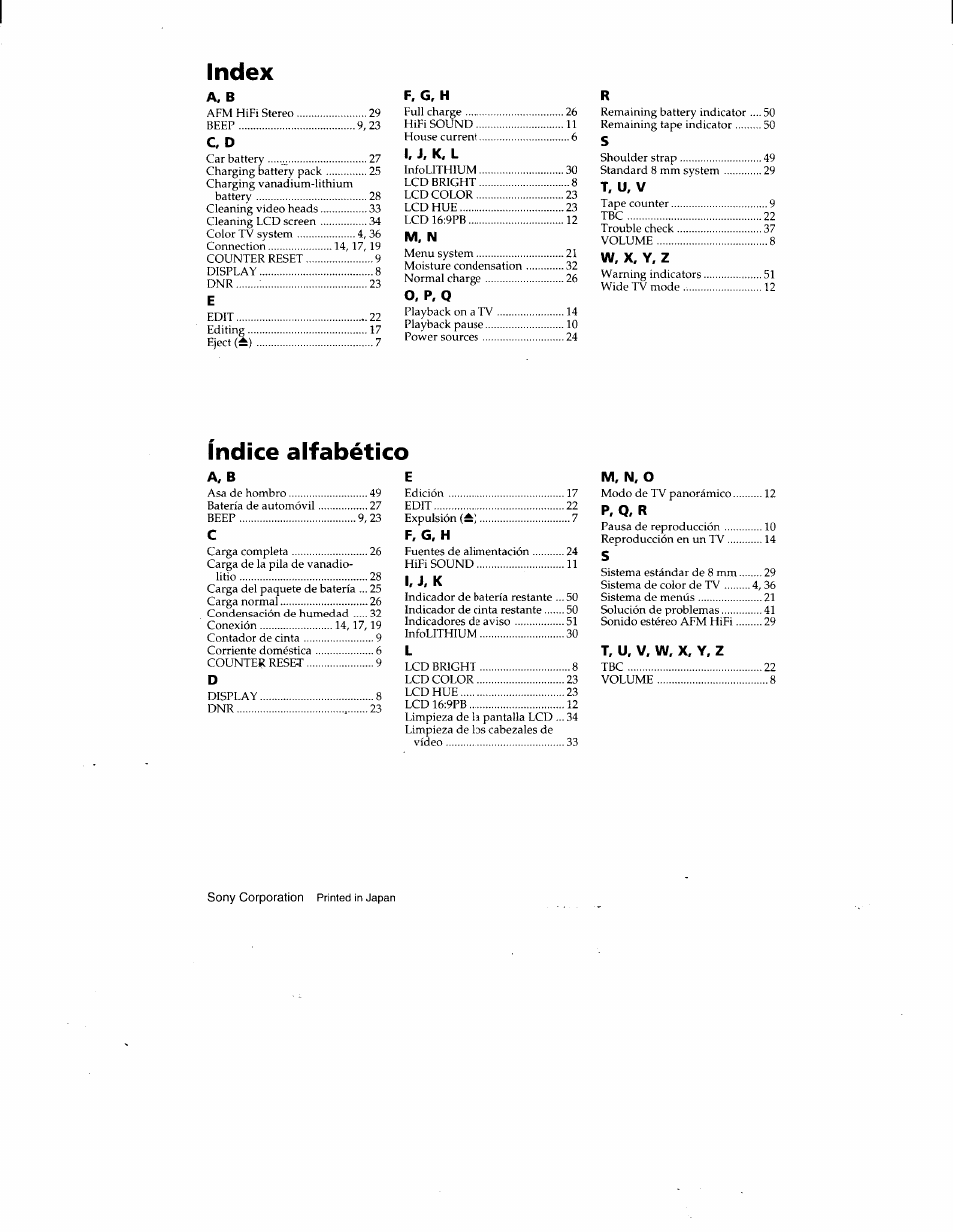 Index, Indice alfabético | Sony GV-A500 User Manual | Page 52 / 52