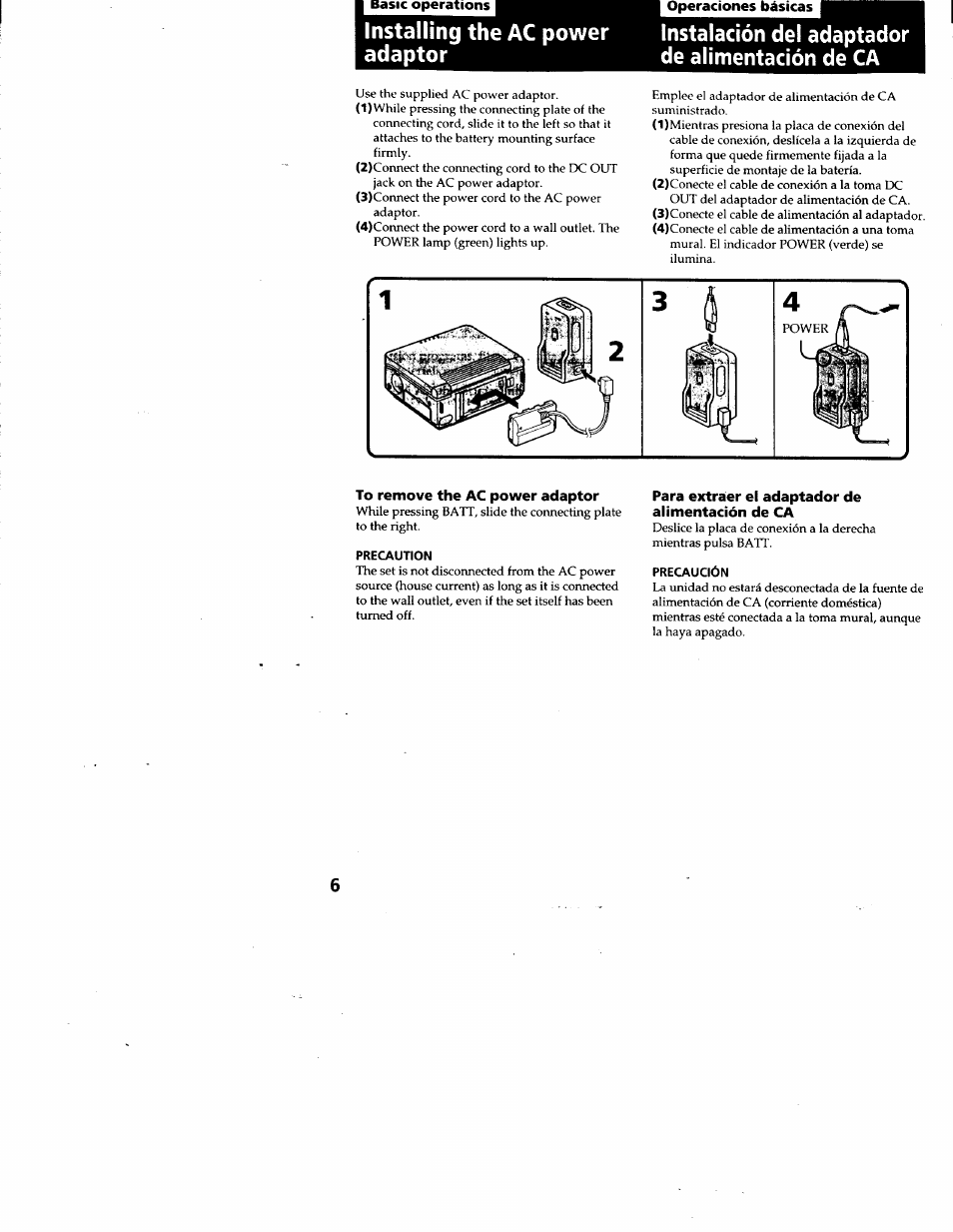 Basic operations i, Operaciones básicas, To remove the ас power adaptor | Para extraer ei adaptador de alimentación de ca | Sony GV-A500 User Manual | Page 6 / 52