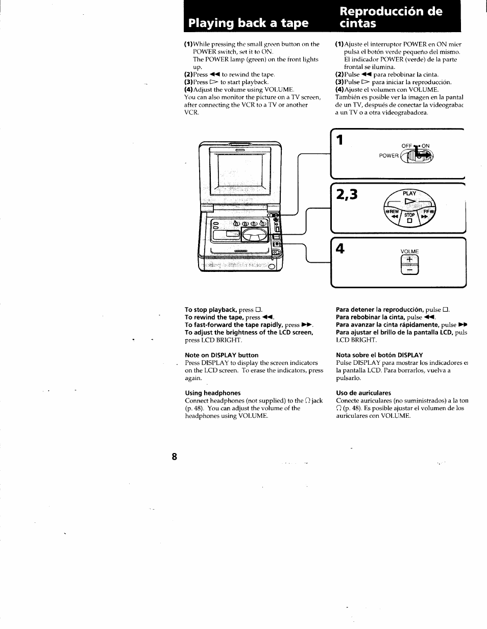 Playing back a tape, Reproducción de cintas, Playing back a tape reproducción de cintas | Sony GV-A500 User Manual | Page 8 / 52