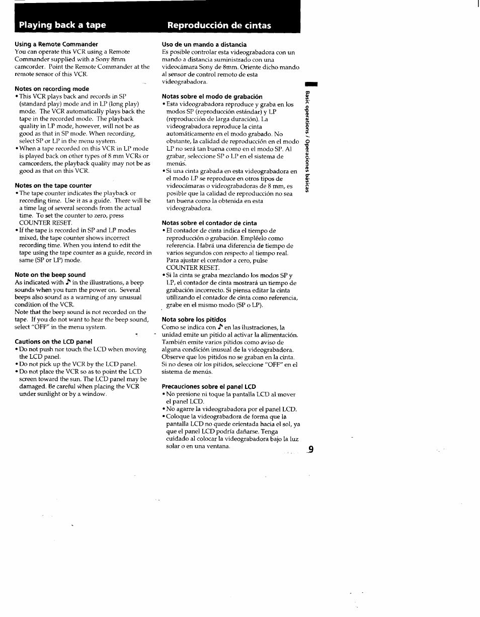 Using a remote commander, Notes on recording mode, Note on the beep sound | Cautions on the lcd panel, Uso de un mando a distancia, Notas sobre el modo de grabación, Notas sobre el contador de cinta, Nota sobre los pitidos, Precauciones sobre el panel lcd, Playing back a tape reproducción de cintas | Sony GV-A500 User Manual | Page 9 / 52