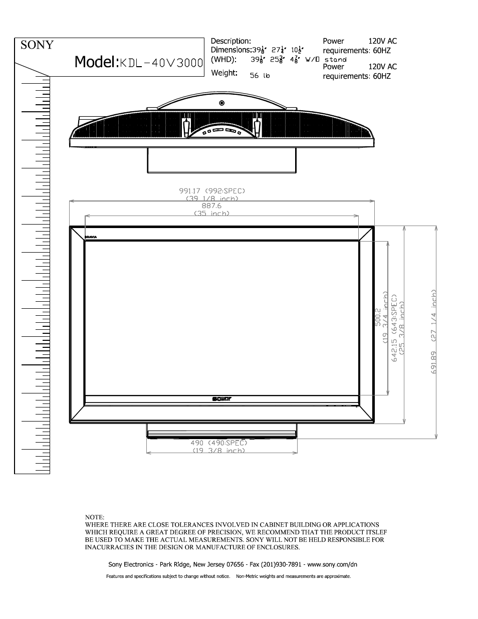 Sony KDL-40V3000 User Manual | 2 pages