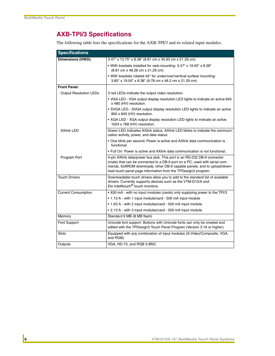 Axb-tpi/3 specifications | AMX VTM-D15/A User Manual | Page 10 / 52