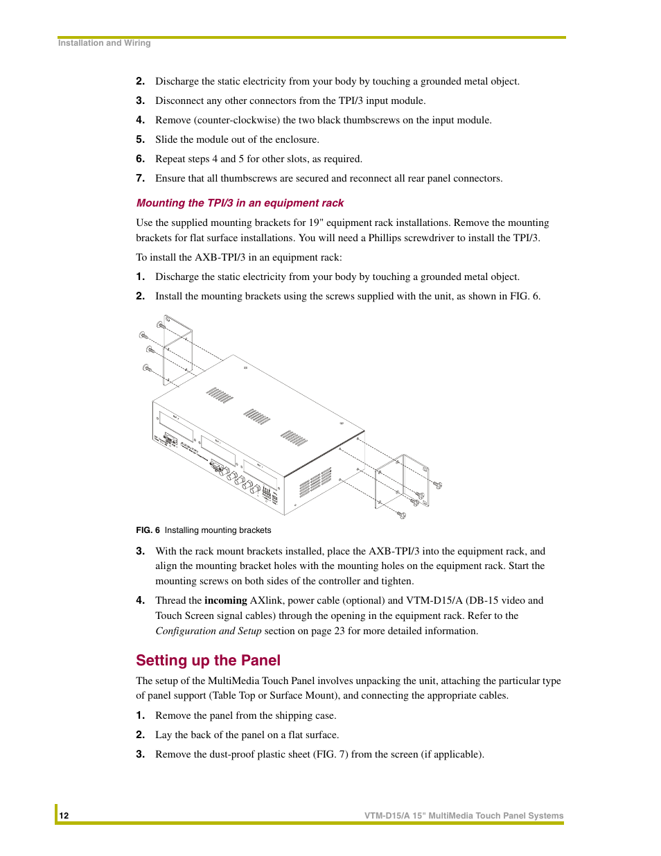 Mounting the tpi/3 in an equipment rack, Setting up the panel | AMX VTM-D15/A User Manual | Page 16 / 52