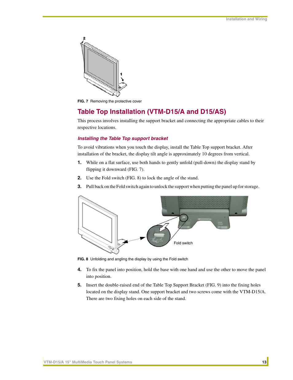 Table top installation (vtm-d15/a and d15/as), Installing the table top support bracket | AMX VTM-D15/A User Manual | Page 17 / 52