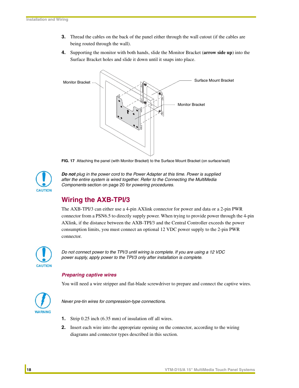 Wiring the axb-tpi/3, Preparing captive wires, The wiring the axb-tpi/3 section on | AMX VTM-D15/A User Manual | Page 22 / 52