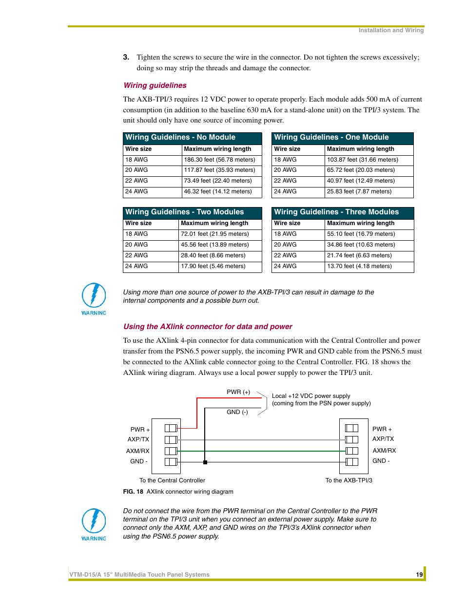 Wiring guidelines, Using the axlink connector for data and power | AMX VTM-D15/A User Manual | Page 23 / 52