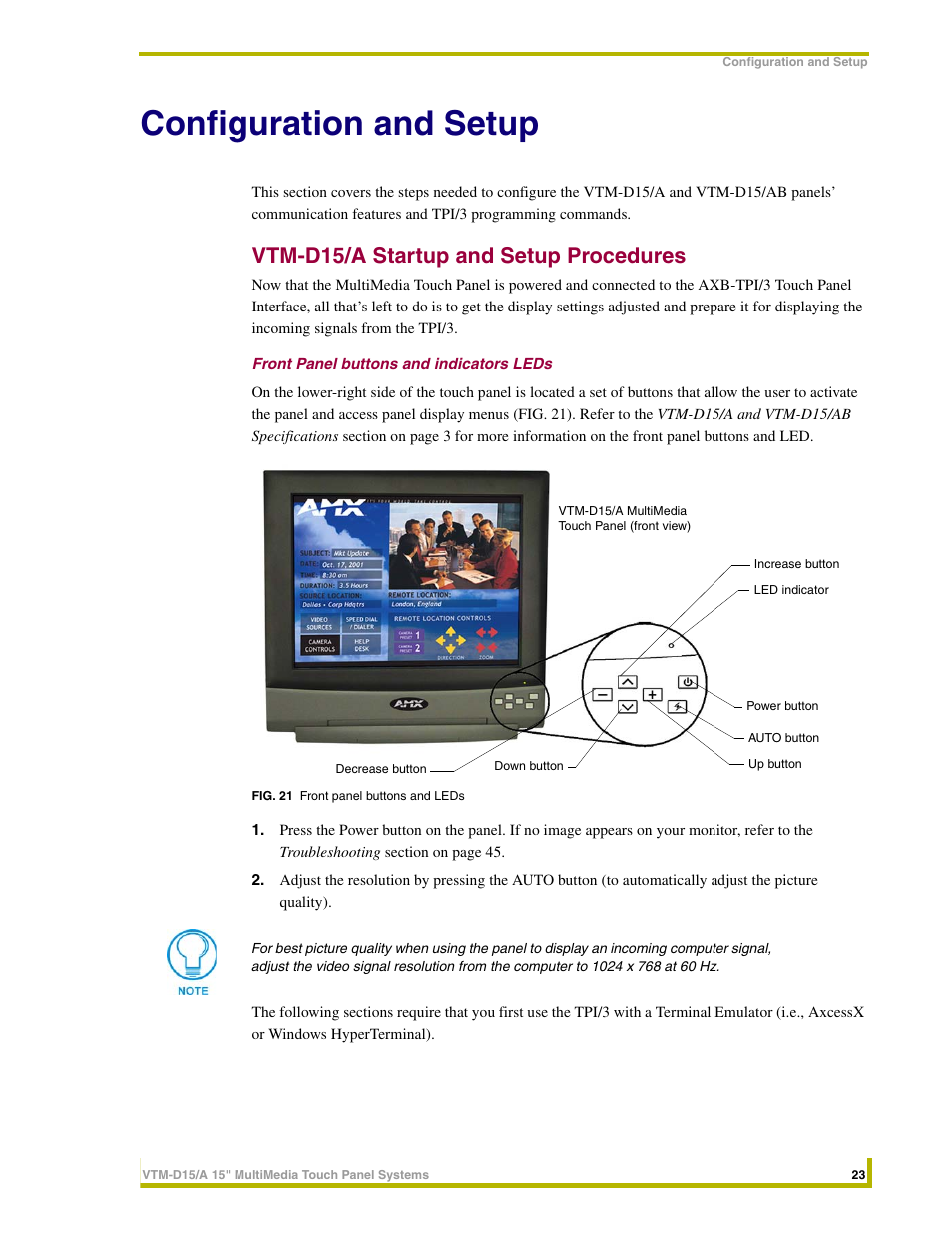 Configuration and setup, Vtm-d15/a startup and setup procedures, Front panel buttons and indicators leds | AMX VTM-D15/A User Manual | Page 27 / 52