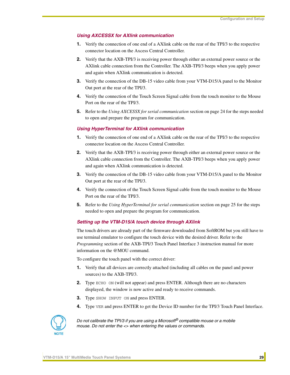 Using axcessx for axlink communication, Using hyperterminal for axlink communication, Setting up the vtm | AMX VTM-D15/A User Manual | Page 33 / 52