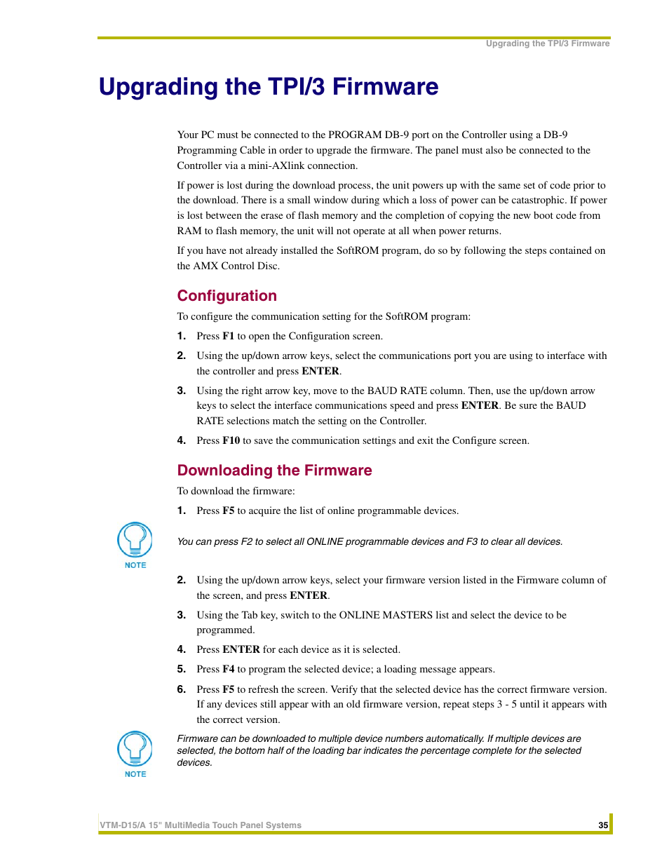 Upgrading the tpi/3 firmware, Configuration, Downloading the firmware | AMX VTM-D15/A User Manual | Page 39 / 52