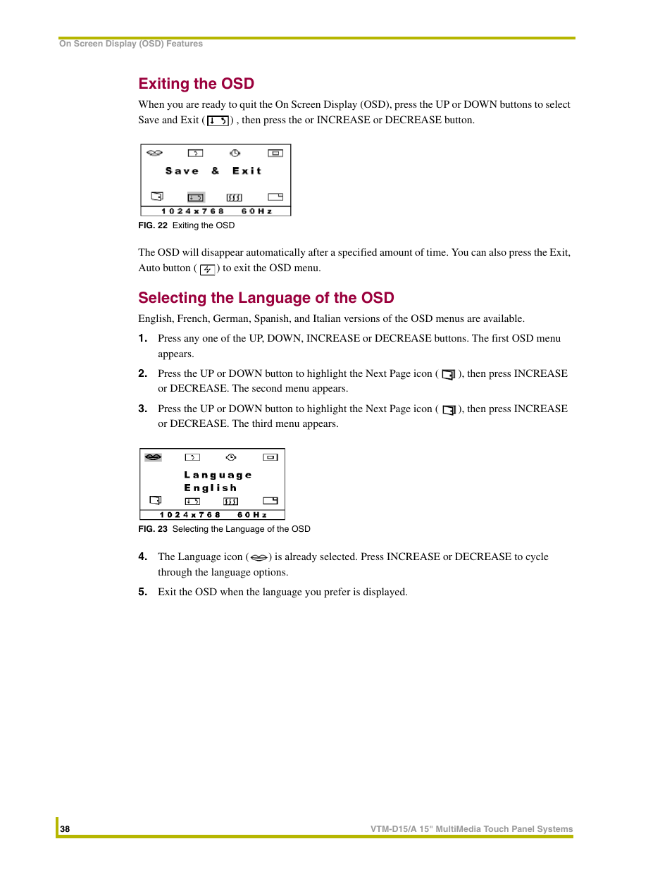 Exiting the osd, Selecting the language of the osd | AMX VTM-D15/A User Manual | Page 42 / 52
