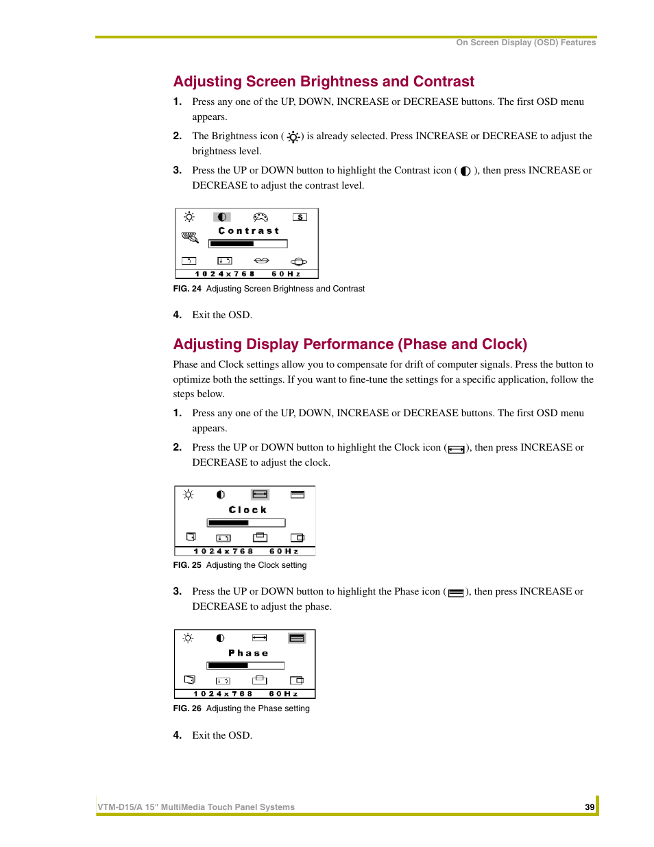 Adjusting screen brightness and contrast, Adjusting display performance (phase and clock) | AMX VTM-D15/A User Manual | Page 43 / 52