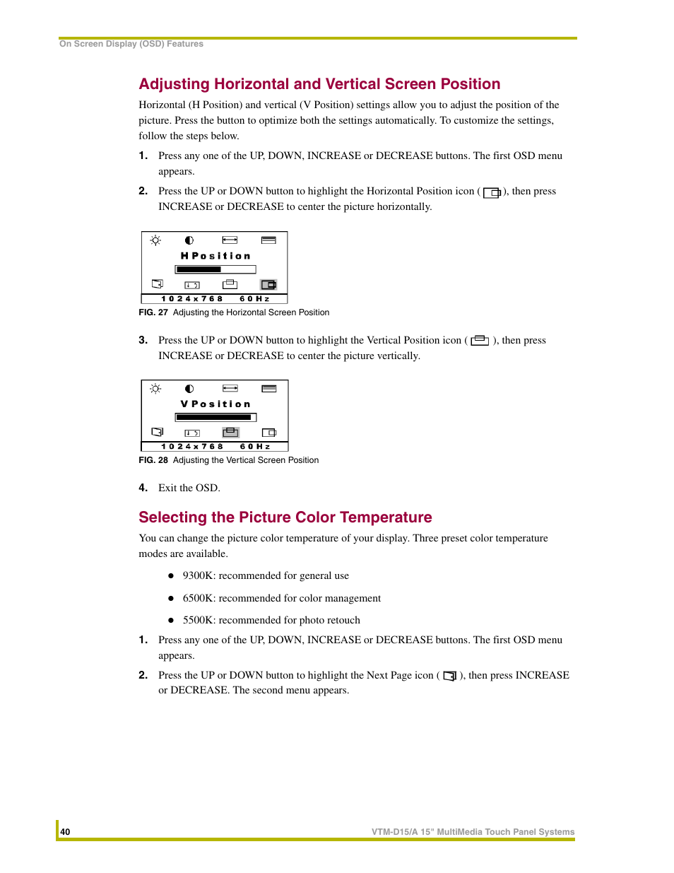 Adjusting horizontal and vertical screen position, Selecting the picture color temperature | AMX VTM-D15/A User Manual | Page 44 / 52