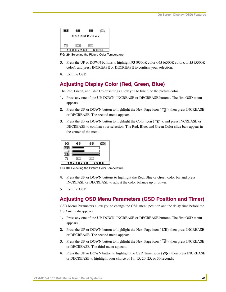 Adjusting display color (red, green, blue) | AMX VTM-D15/A User Manual | Page 45 / 52
