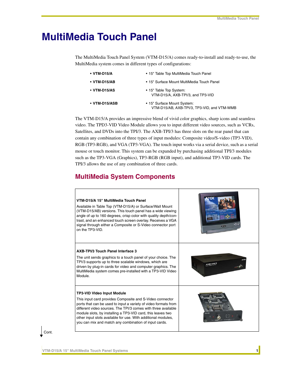 Multimedia touch panel, Multimedia system components | AMX VTM-D15/A User Manual | Page 5 / 52