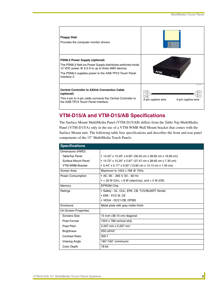 Vtm-d15/a and vtm-d15/ab specifications | AMX VTM-D15/A User Manual | Page 7 / 52