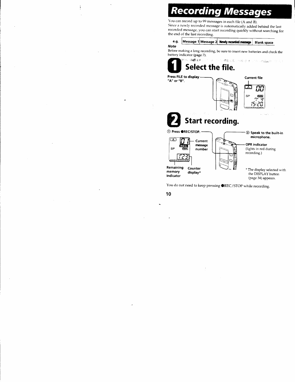 Recording messages, Select the file, Start recording | Sony ICD-R100VTP User Manual | Page 11 / 50