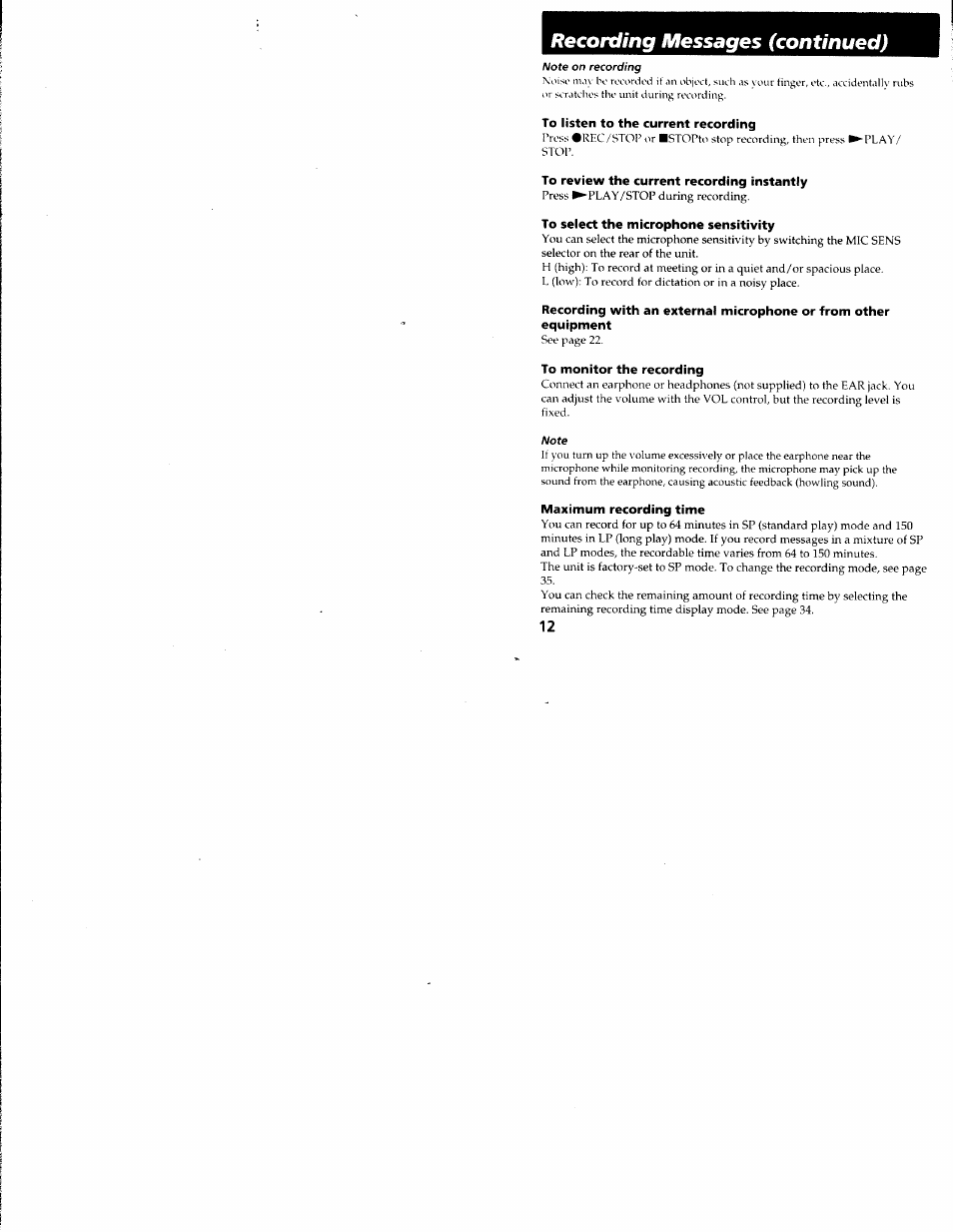 To listen to the current recording, To review the current recording instantly, To select the microphone sensitivity | To monitor the recording, Maximum recording time, Recording messages (continued) | Sony ICD-R100VTP User Manual | Page 13 / 50