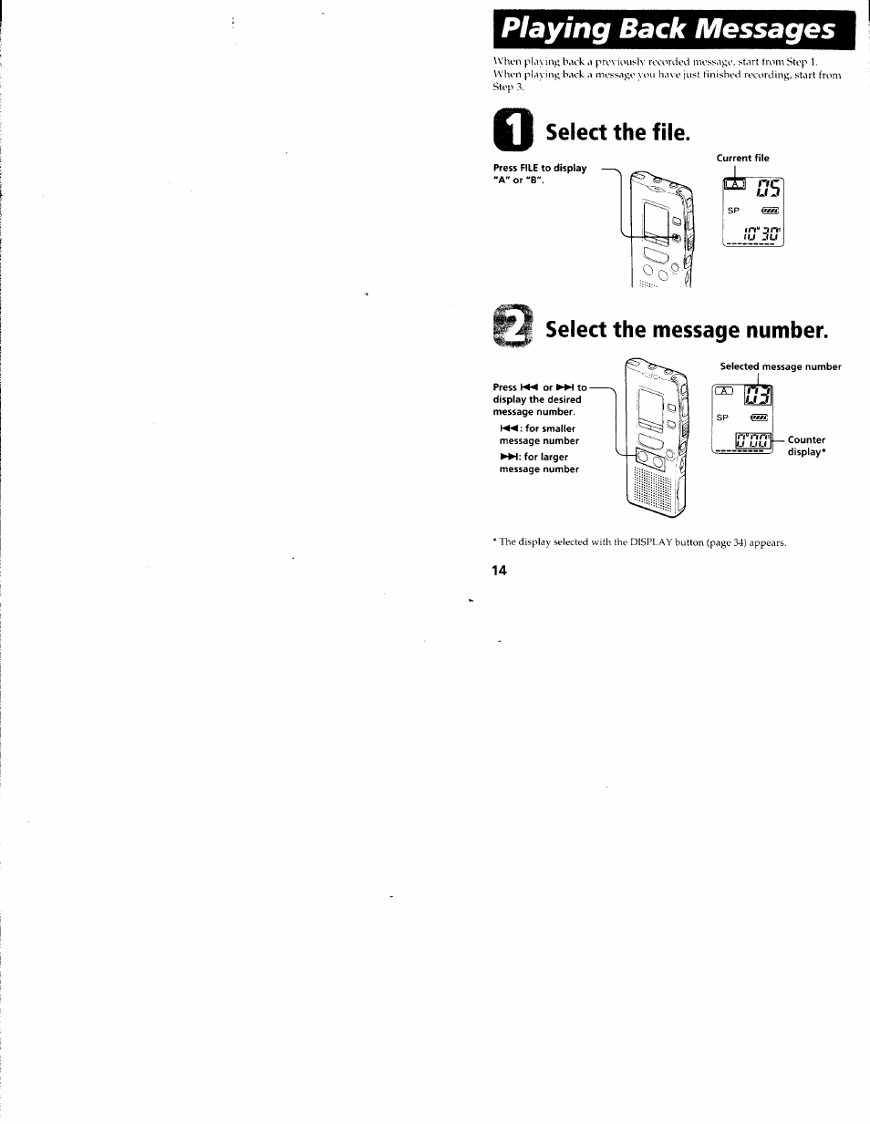 Playing back messages, Select the file, Select the message number | Sony ICD-R100VTP User Manual | Page 15 / 50