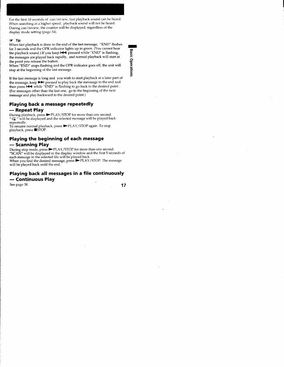 Playing back a message repeatedly, Repeat play, Playing the beginning of each message | Scanning play, Playing back all messages in a file continuously, Continuous play, Playing back a message repeatedly — repeat play | Sony ICD-R100VTP User Manual | Page 18 / 50