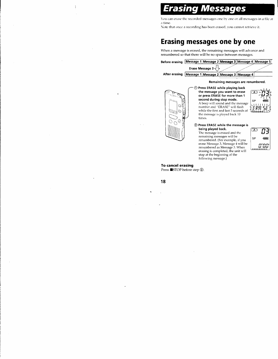 Erasing messages, To cancel erasing, Erasing messages one by one | Sony ICD-R100VTP User Manual | Page 19 / 50