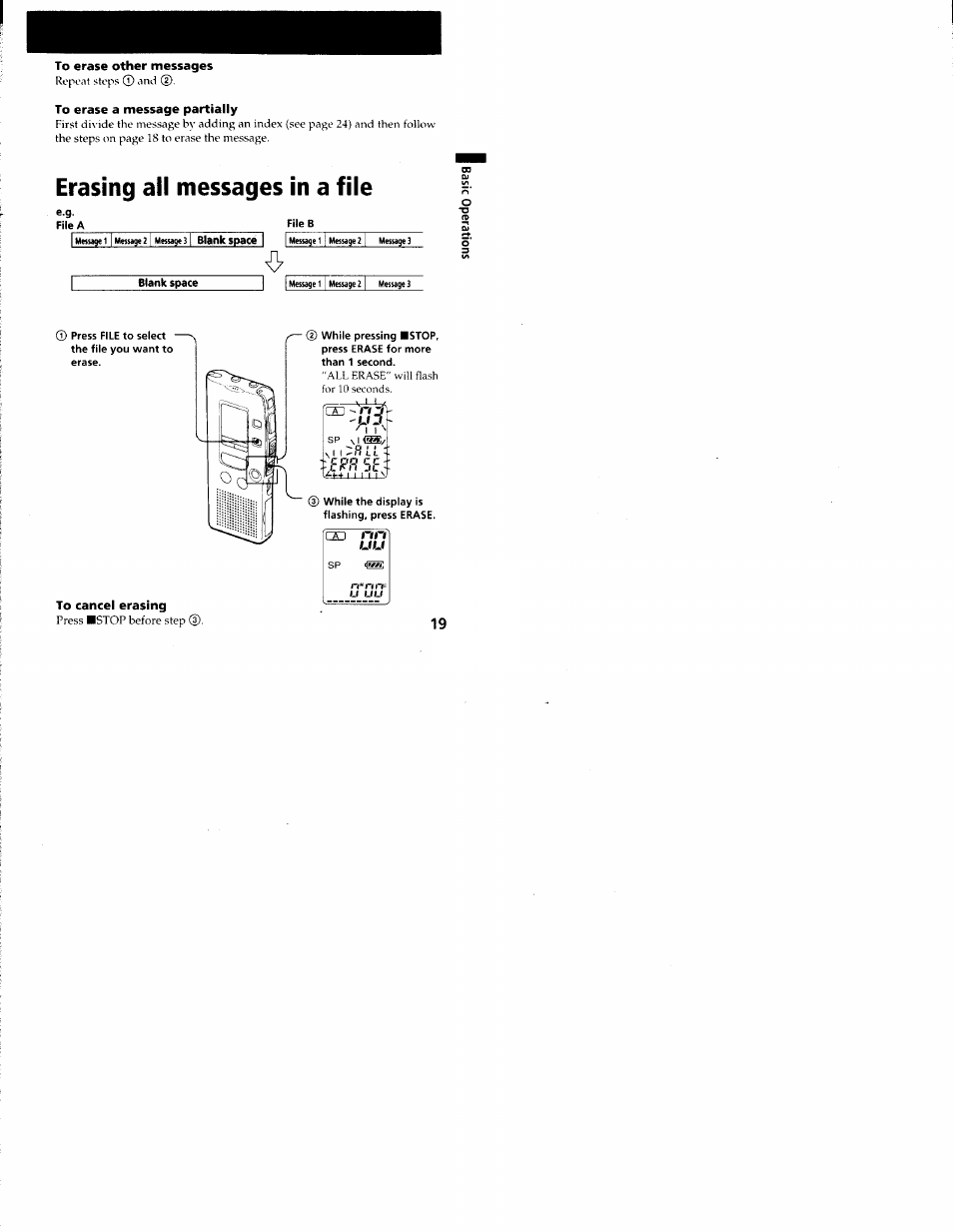 To erase other messages, To erase a message partially, To cancel erasing | Erasing all messages in a file | Sony ICD-R100VTP User Manual | Page 20 / 50