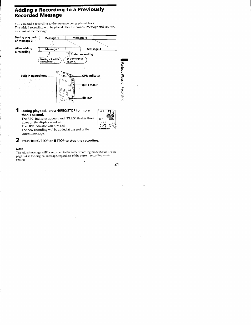 Opr indicator -•reostop, Stop, 2 press #rec/stop or bstop to stop the recording | Sony ICD-R100VTP User Manual | Page 22 / 50