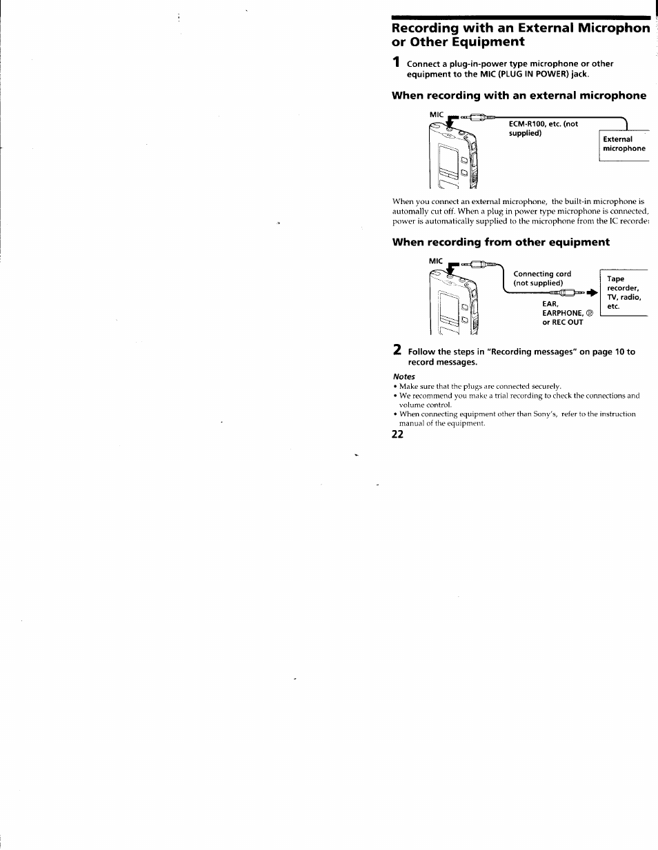 When recording with an external microphone, When recording from other equipment | Sony ICD-R100VTP User Manual | Page 23 / 50