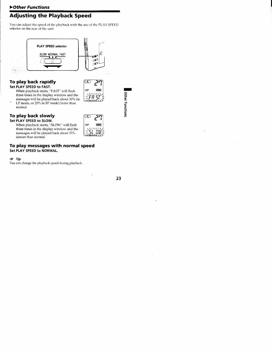 Adjusting the playback speed, To play back rapidly, Set play speed to fast | To play back slowly, Set play speed to slow, To play messages with normal speed, Set play speed to normal, Other, I?'7, Functions | Sony ICD-R100VTP User Manual | Page 24 / 50