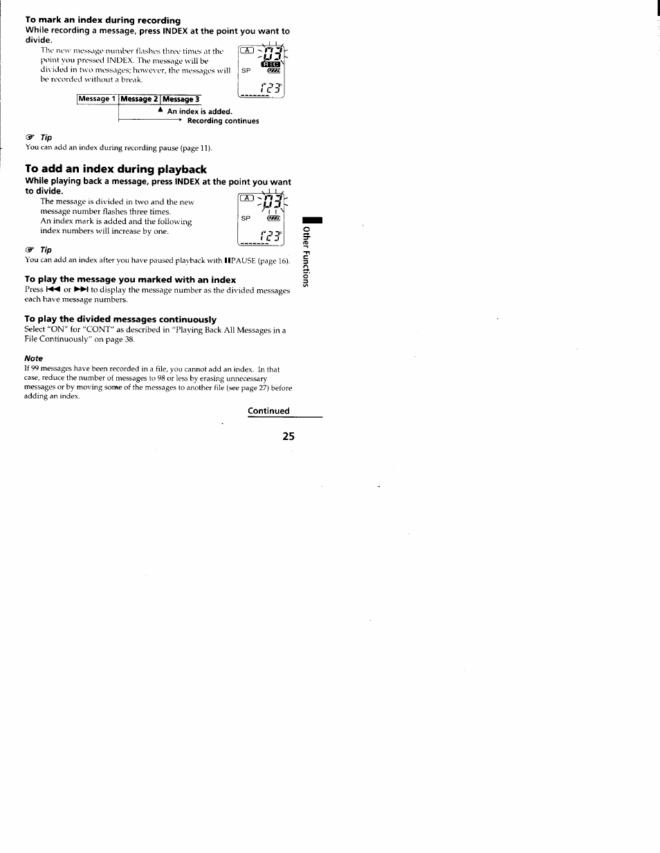 To add an index during playback, Continued | Sony ICD-R100VTP User Manual | Page 26 / 50