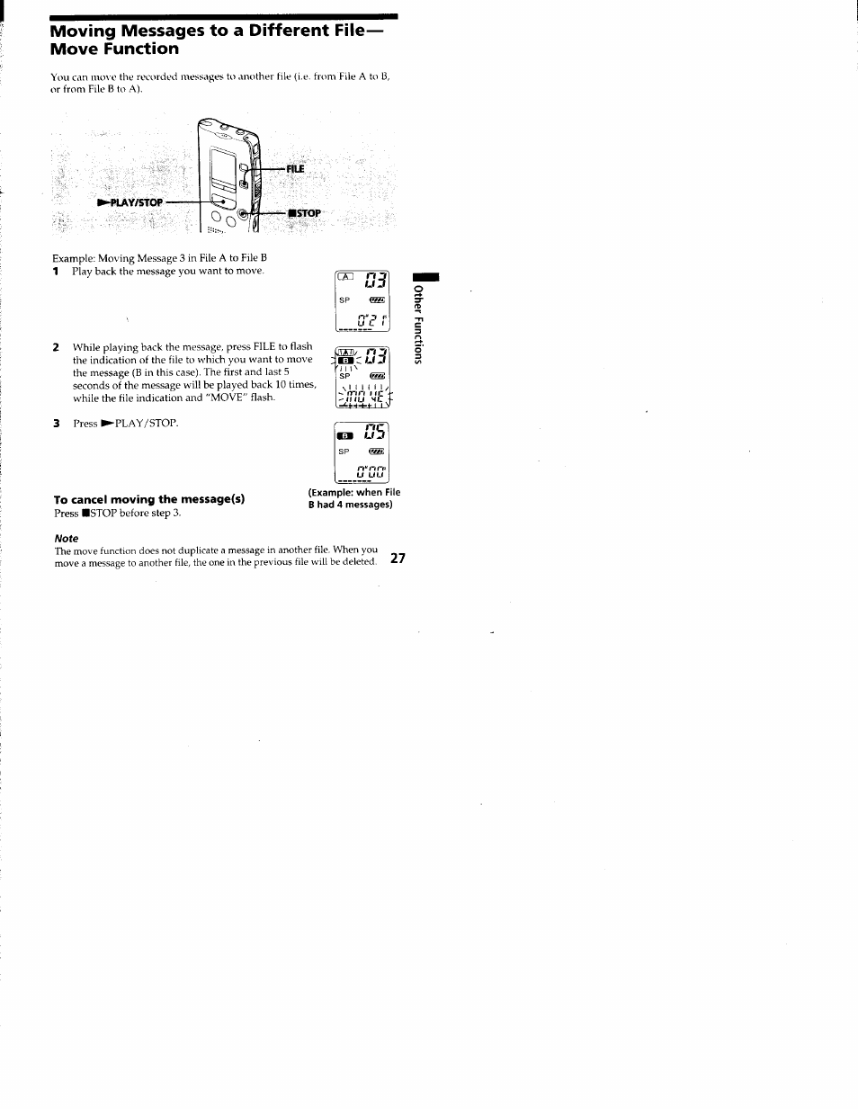 Moving messages to a different file— move function, To cancel moving the message(s) | Sony ICD-R100VTP User Manual | Page 28 / 50