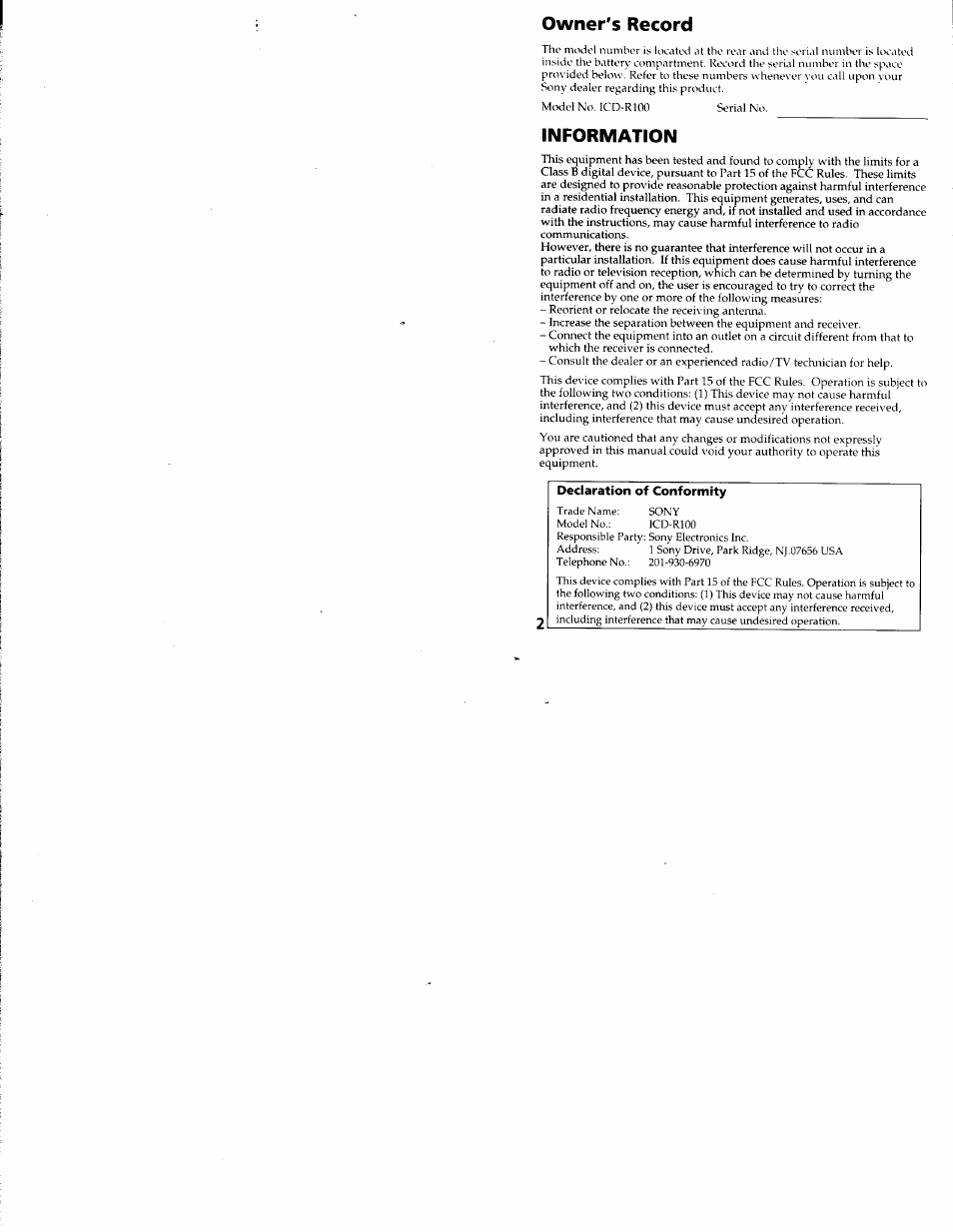 Owner's record, Information | Sony ICD-R100VTP User Manual | Page 3 / 50