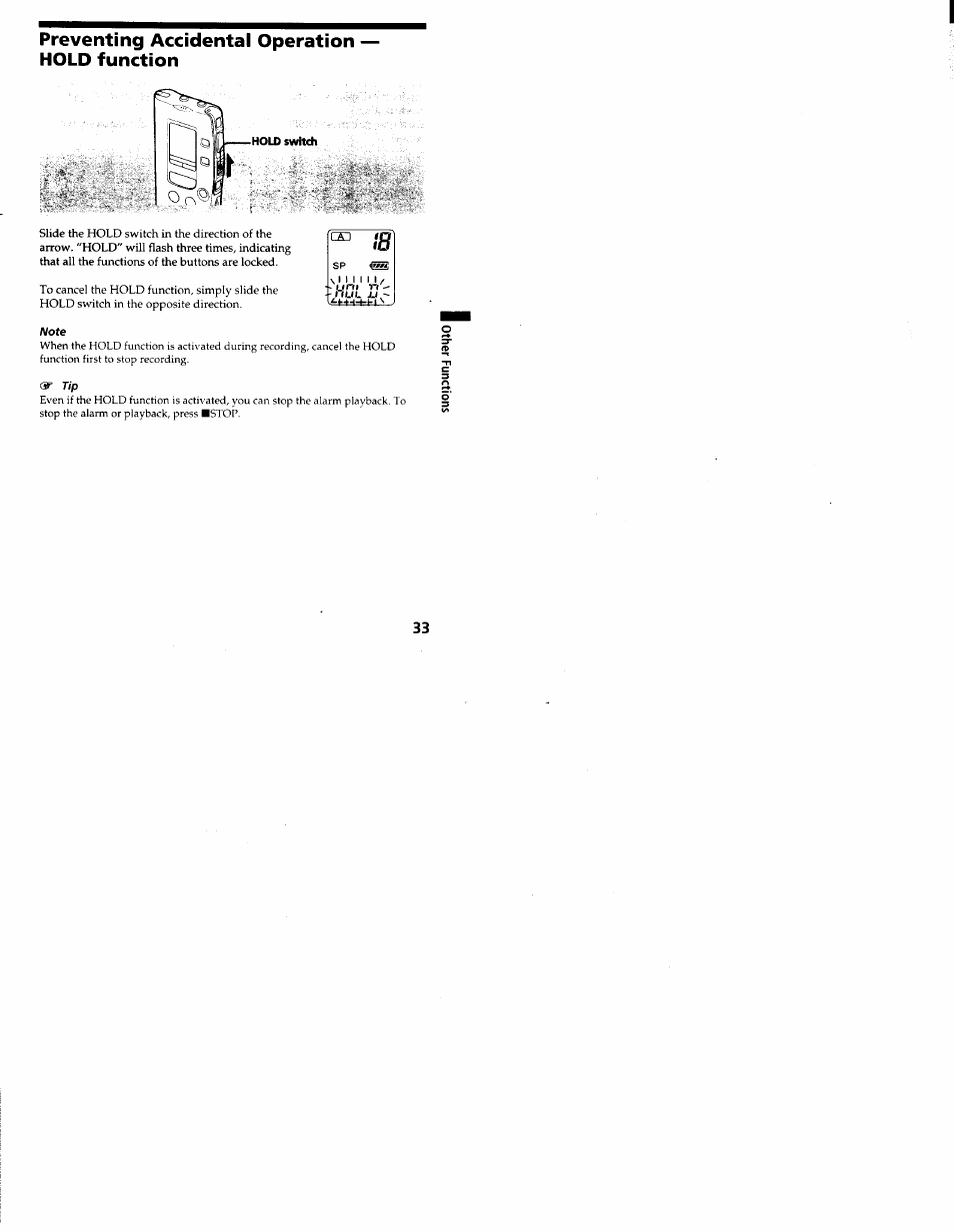 Preventing accidental operation — hold function | Sony ICD-R100VTP User Manual | Page 34 / 50